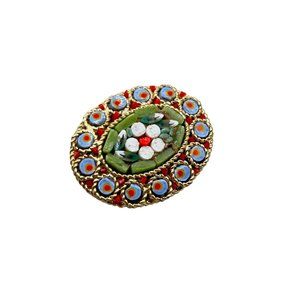 Vintage Italian Mosaic Pin Brooch Oval Green Blue Red Glass Tiles Flower Design
